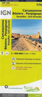 Carte IGN TOP 174 - Carcassonne, Béziers, Perpignan